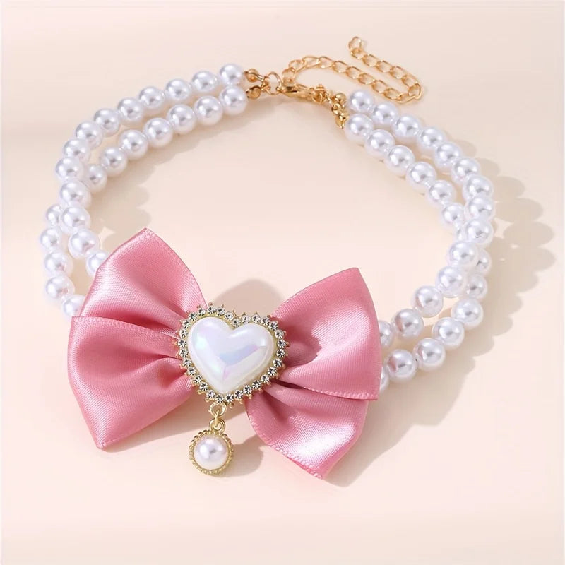 1Pc Double Layer Pet Collar with Heart Drop Pendant,ABS Material,Adjustable Bowknot Design,Suitable for Small to Medium Dogs