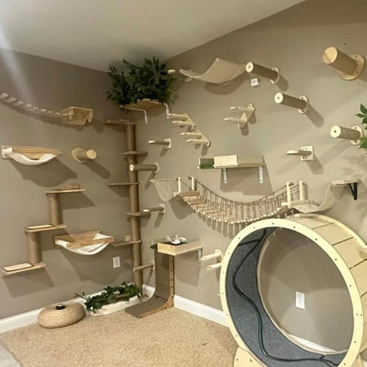 Cat Tree Wall Mounted Cat Shelves Scratching Post for Cat Jumping Platform and Cat Hammock Rope Ladder Wall Wooden Furniture