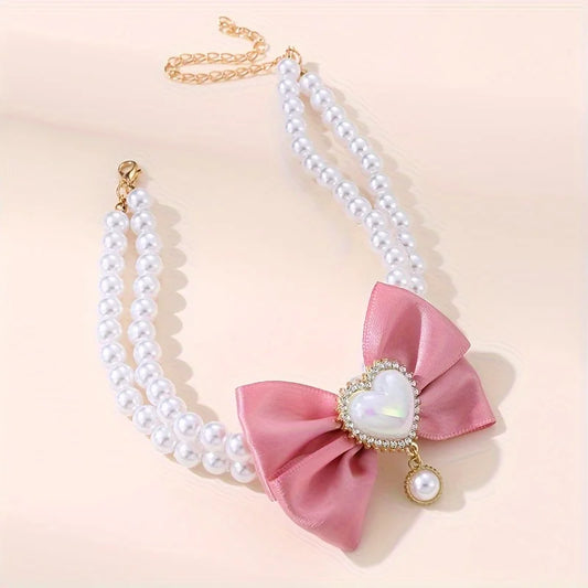 1Pc Double Layer Pet Collar with Heart Drop Pendant,ABS Material,Adjustable Bowknot Design,Suitable for Small to Medium Dogs