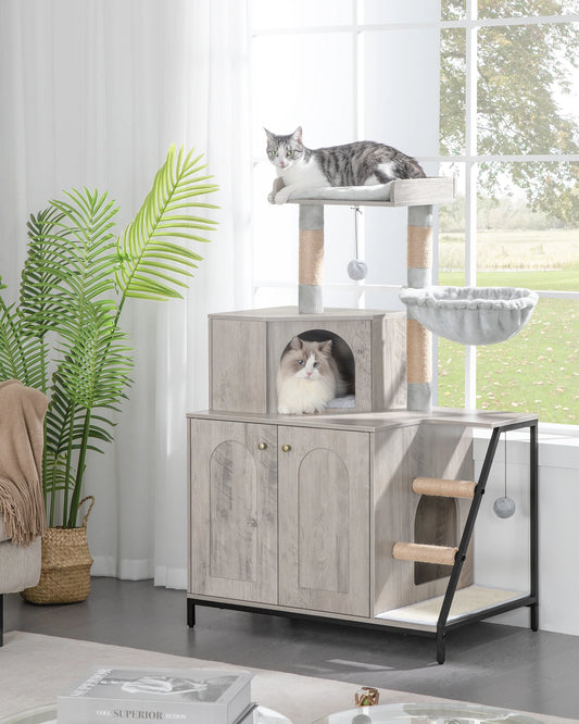 Cat Tree with Litter Box Cabinet, Cat Cabinet, 4-in-1 Modern Cat House with Large Platform, Cat House with Sisal Scratching Mat