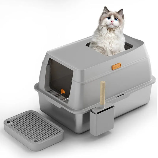 Large Stainless Steel Fully Enclosed Cat Litter Box Deodorizing Cat Toilet Pet Splash Proof Cat Supplies Cat Litter Box