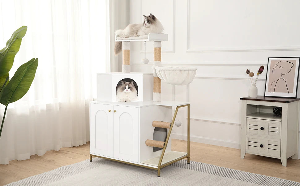Cat Tree with Litter Box Cabinet, Cat Cabinet, 4-in-1 Modern Cat House with Large Platform, Cat House with Sisal Scratching Mat