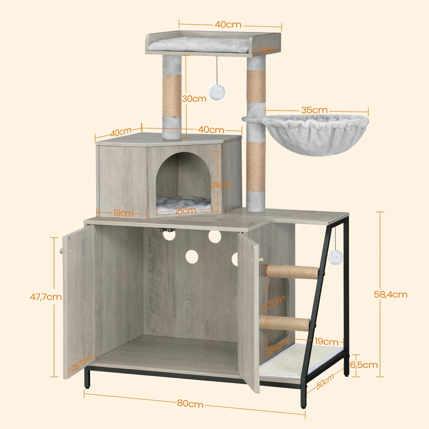 Cat Tree with Litter Box Cabinet, Cat Cabinet, 4-in-1 Modern Cat House with Large Platform, Cat House with Sisal Scratching Mat