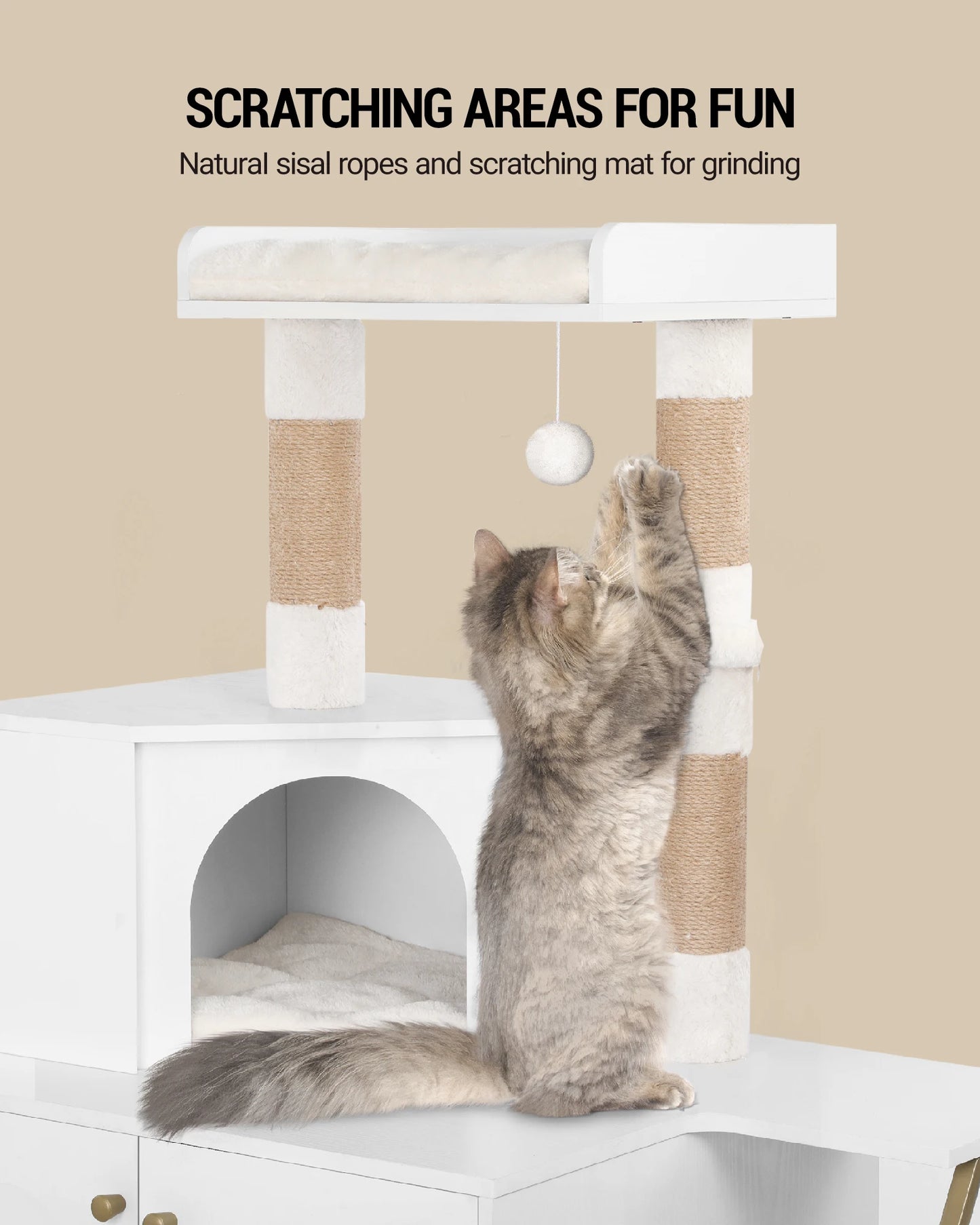 Cat Tree with Litter Box Cabinet, Cat Cabinet, 4-in-1 Modern Cat House with Large Platform, Cat House with Sisal Scratching Mat