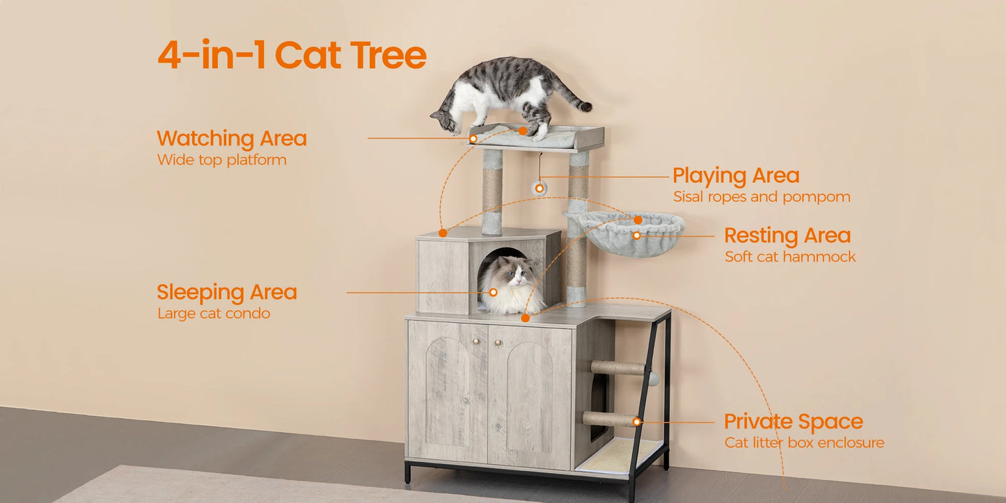 Cat Tree with Litter Box Cabinet, Cat Cabinet, 4-in-1 Modern Cat House with Large Platform, Cat House with Sisal Scratching Mat