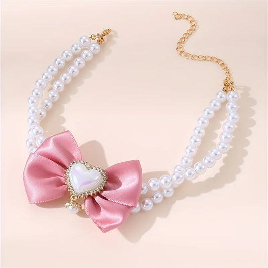 1Pc Double Layer Pet Collar with Heart Drop Pendant,ABS Material,Adjustable Bowknot Design,Suitable for Small to Medium Dogs