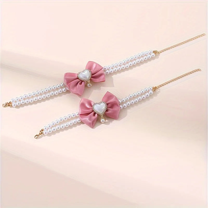 1Pc Double Layer Pet Collar with Heart Drop Pendant,ABS Material,Adjustable Bowknot Design,Suitable for Small to Medium Dogs