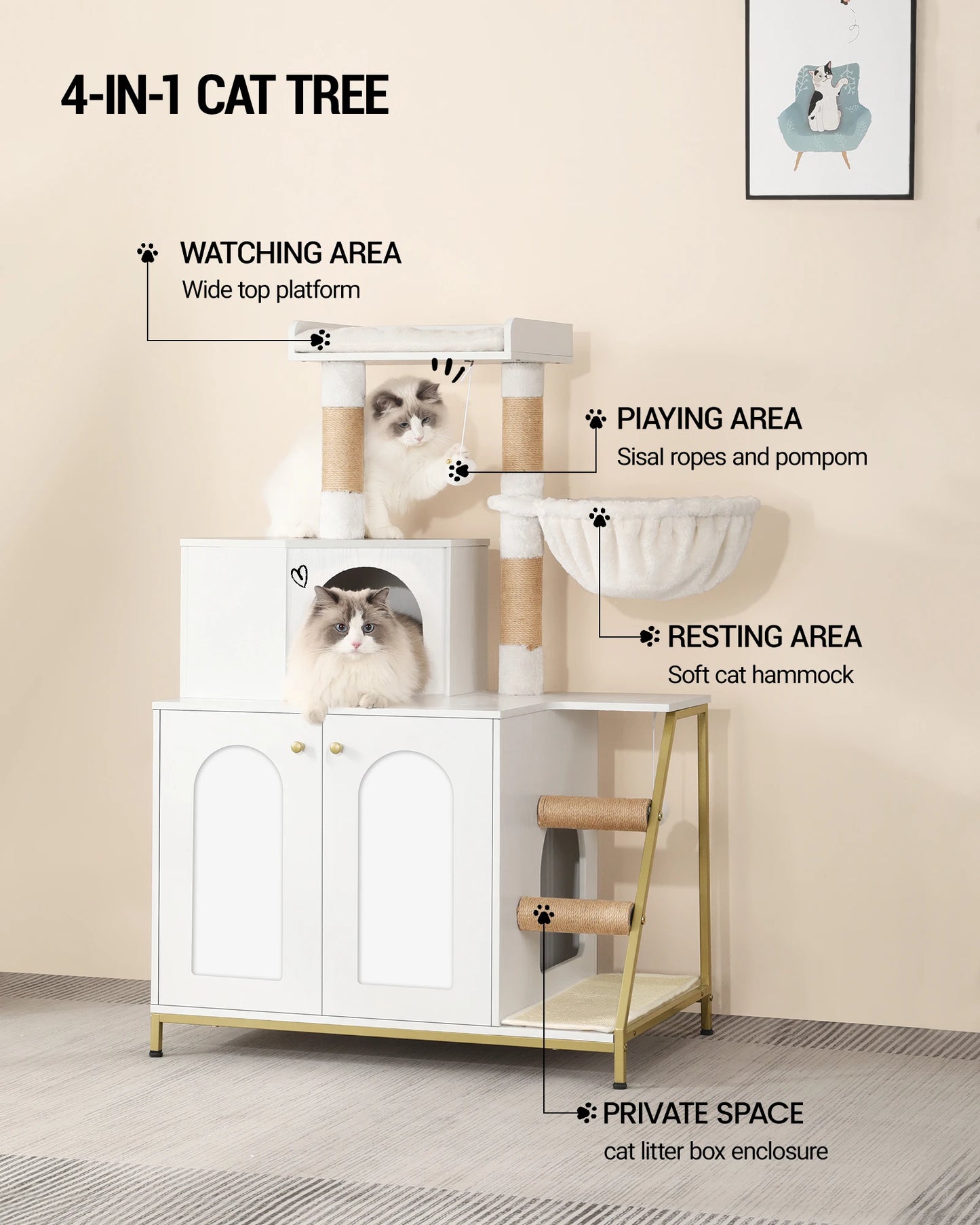 Cat Tree with Litter Box Cabinet, Cat Cabinet, 4-in-1 Modern Cat House with Large Platform, Cat House with Sisal Scratching Mat