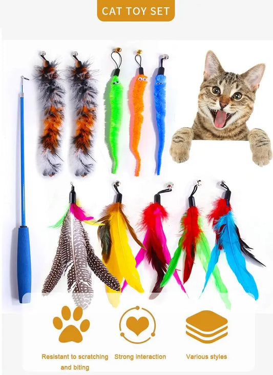 Cat toys Feather Toy, 1PCS Retractable Cat Wand Toys and 10PCS Replacement Teaser with Bell Refills, Interactive Catcher Teaser