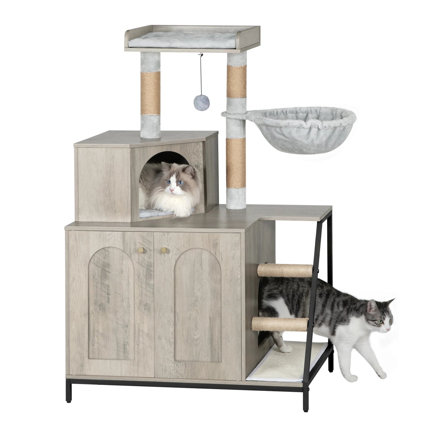 Cat Tree with Litter Box Cabinet, Cat Cabinet, 4-in-1 Modern Cat House with Large Platform, Cat House with Sisal Scratching Mat