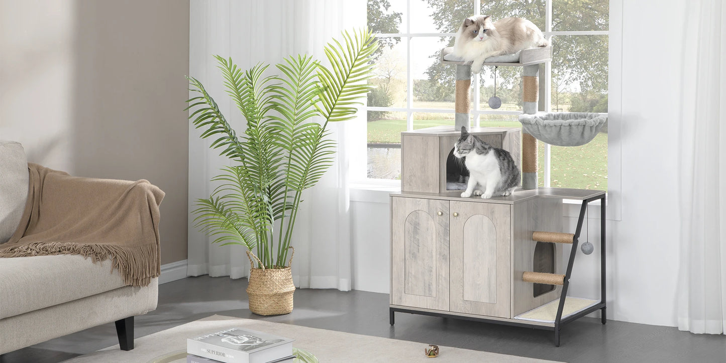 Cat Tree with Litter Box Cabinet, Cat Cabinet, 4-in-1 Modern Cat House with Large Platform, Cat House with Sisal Scratching Mat